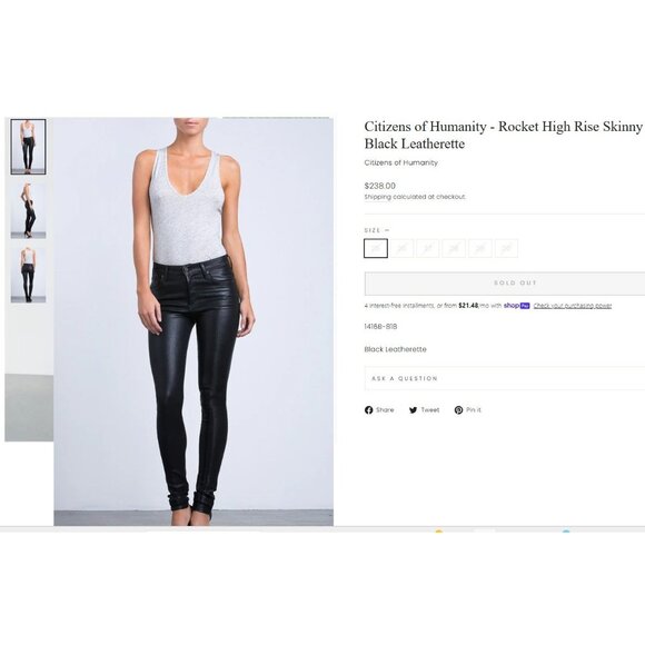 Citizens of Humanity Rocket Slick High Rise Skinny Jeans Sz 24 Black Leatherette - Picture 10 of 11